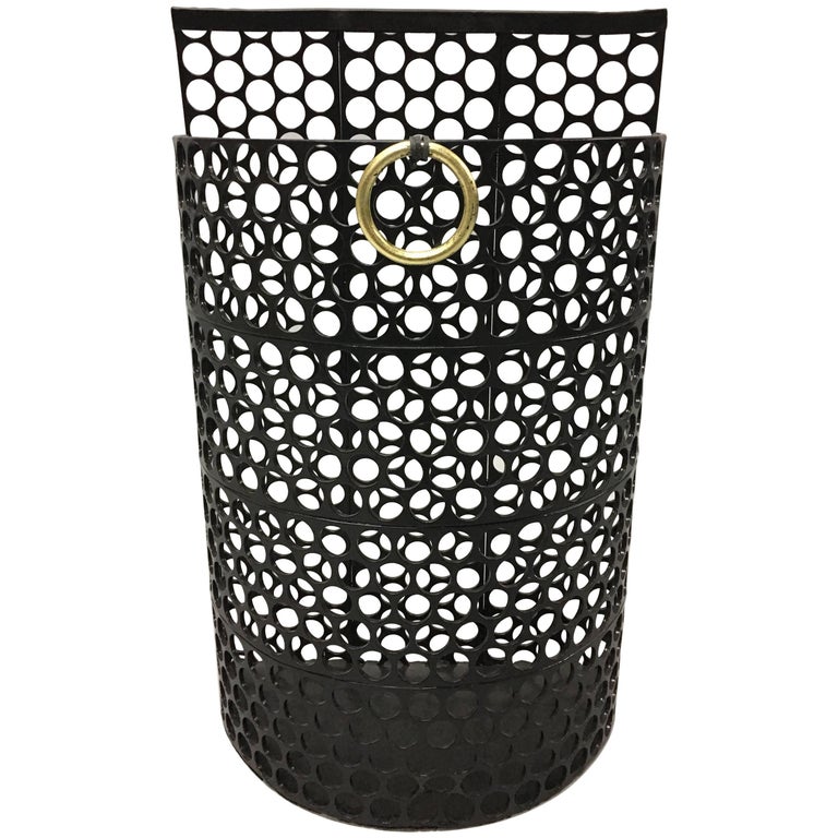 French MidCentury Modern Black Enameled Steel Umbrella Stand or Waste Basket For Sale at 1stdibs