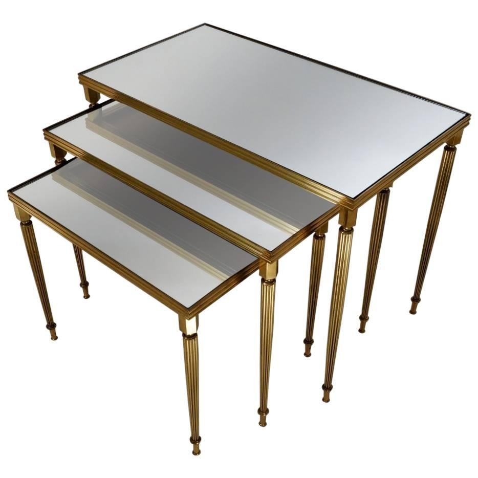 Maison Baguès Nesting Tables, Brass and Mirror, 1969, French