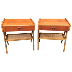 Pair of Midcentury Scandinavian Teak and Wicker Bedside Tables