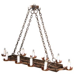 19th Century French Ten-Light Flat Bottom Iron Chandelier with Gilt Accents