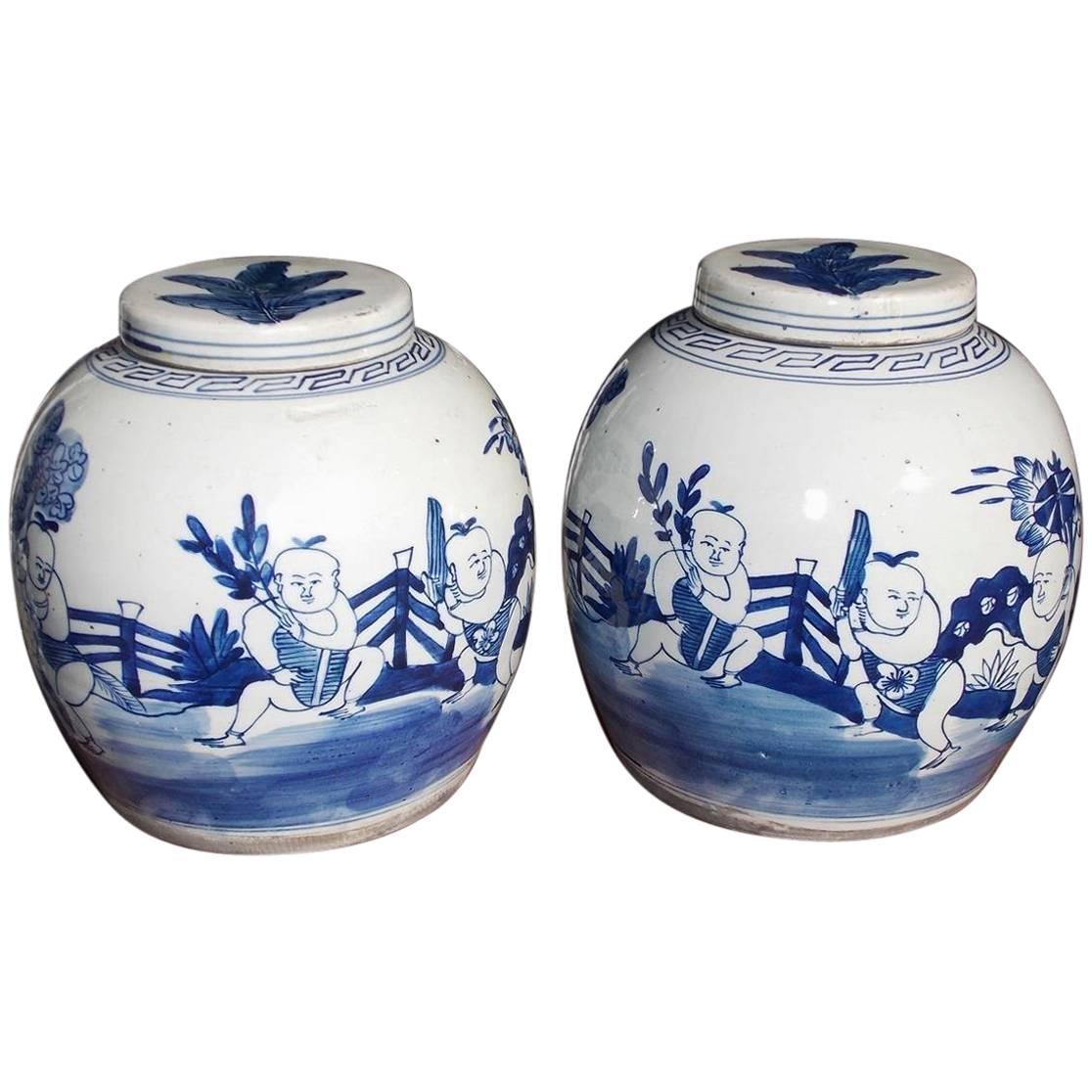 Pair of Chinese Porcelain Glazed Figural Ginger Jars with Lids, 20th Century