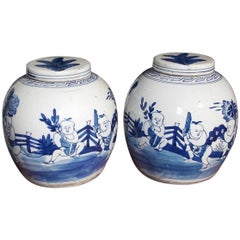 Antique Pair of Chinese Porcelain Glazed Figural Ginger Jars with Lids, 20th Century