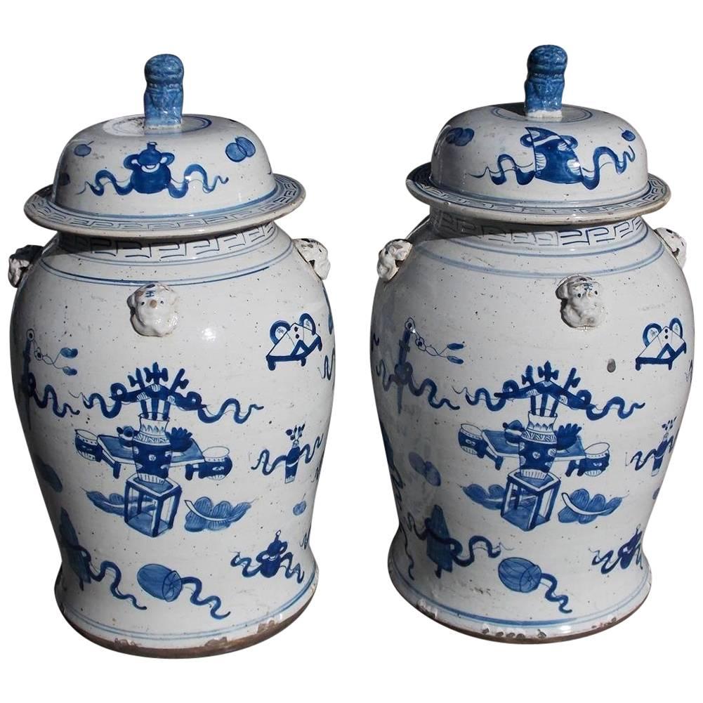 Pair of Chinese Porcelain Glazed Blue and White Foo Dog Temple Jars, 20th Cent. 