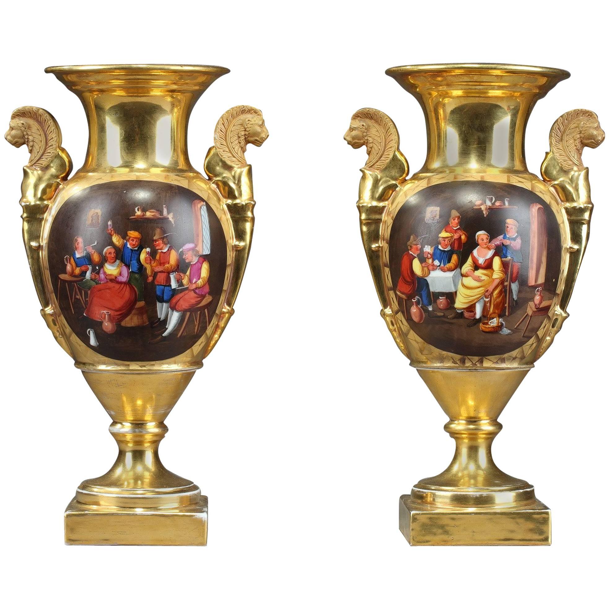 Pair of Restauration Porcelain Vases with Cabaret Scenes and Landscapes