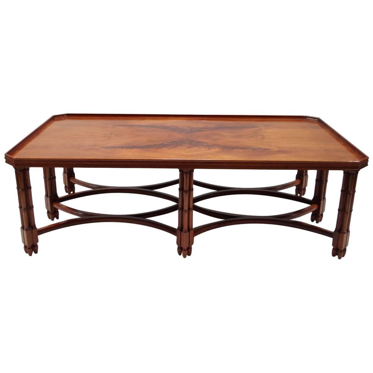 Large English Style Mahogany Coffee Table with Bambou Style Legs, 1980 Period