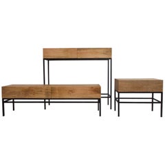 Set of Three Wooden Consoles with Black Varnished Steel Base