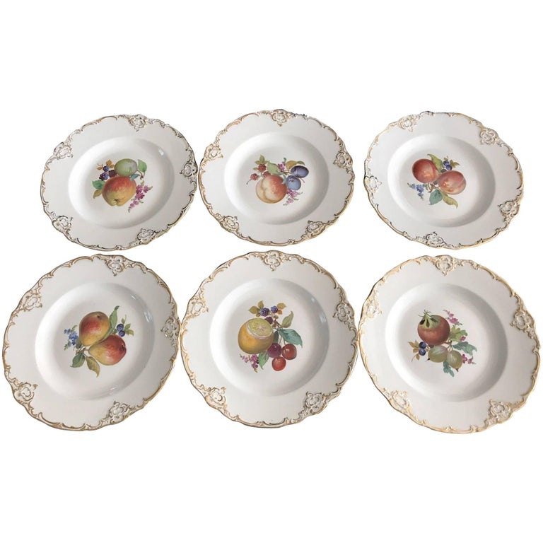 Set of Six Antique Meissen Porcelain Floral Plates Marcaloni