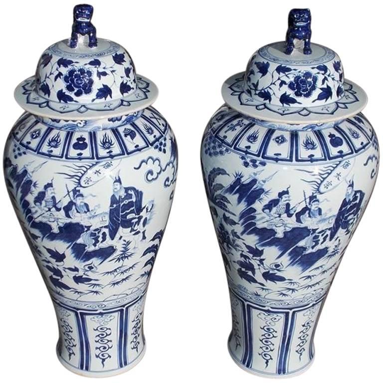 Pair of Monumental Chinese Porcelain Glazed Foo Dog Temple Urns, 20th Century