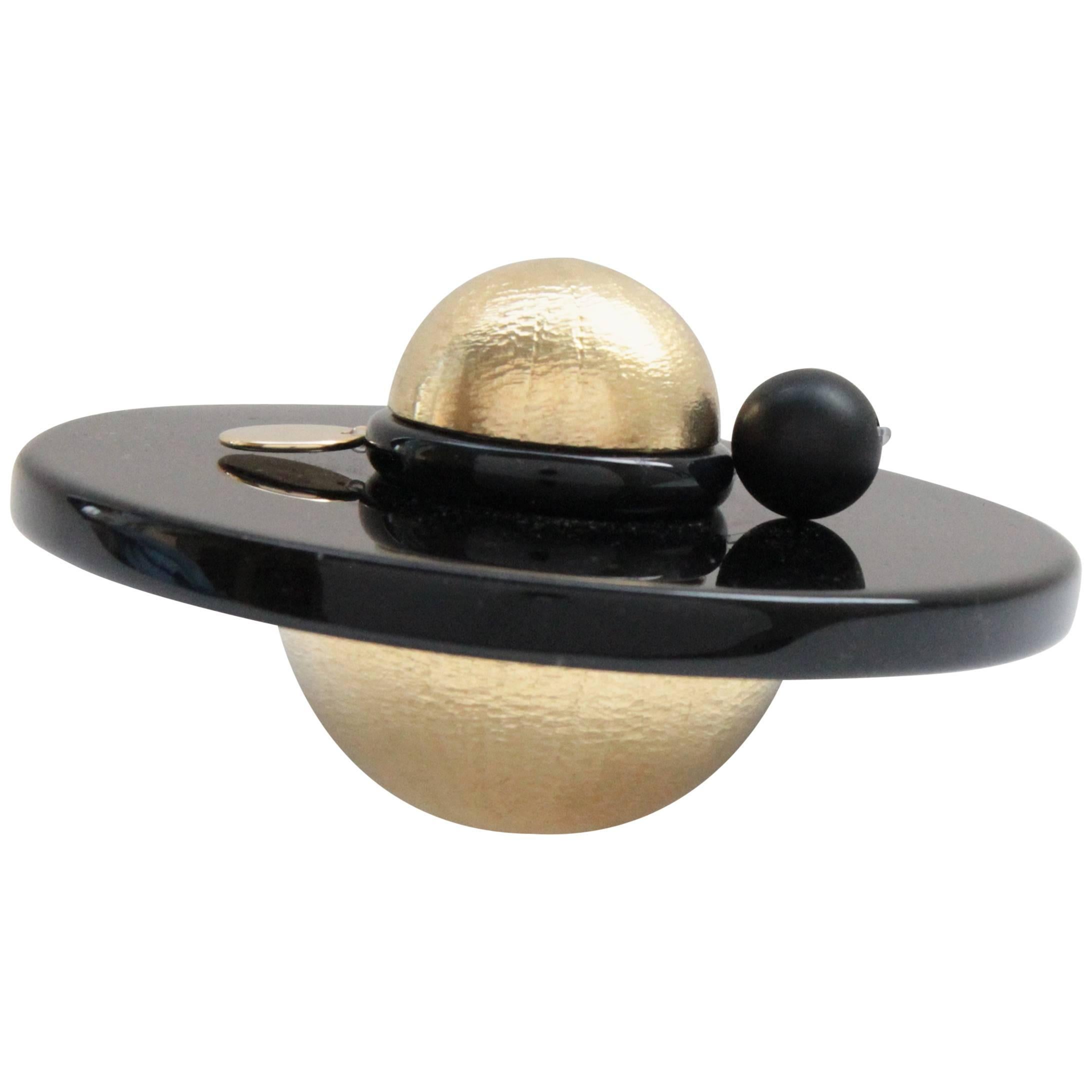 Saturno Contemporary Black Obsidian Glass Brass Paperweight Sculpture Object For Sale