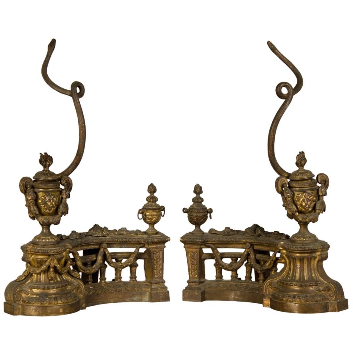 Pair of Louis XVI Style Bronze Doré Antique French Chenets, circa 1890 For Sale