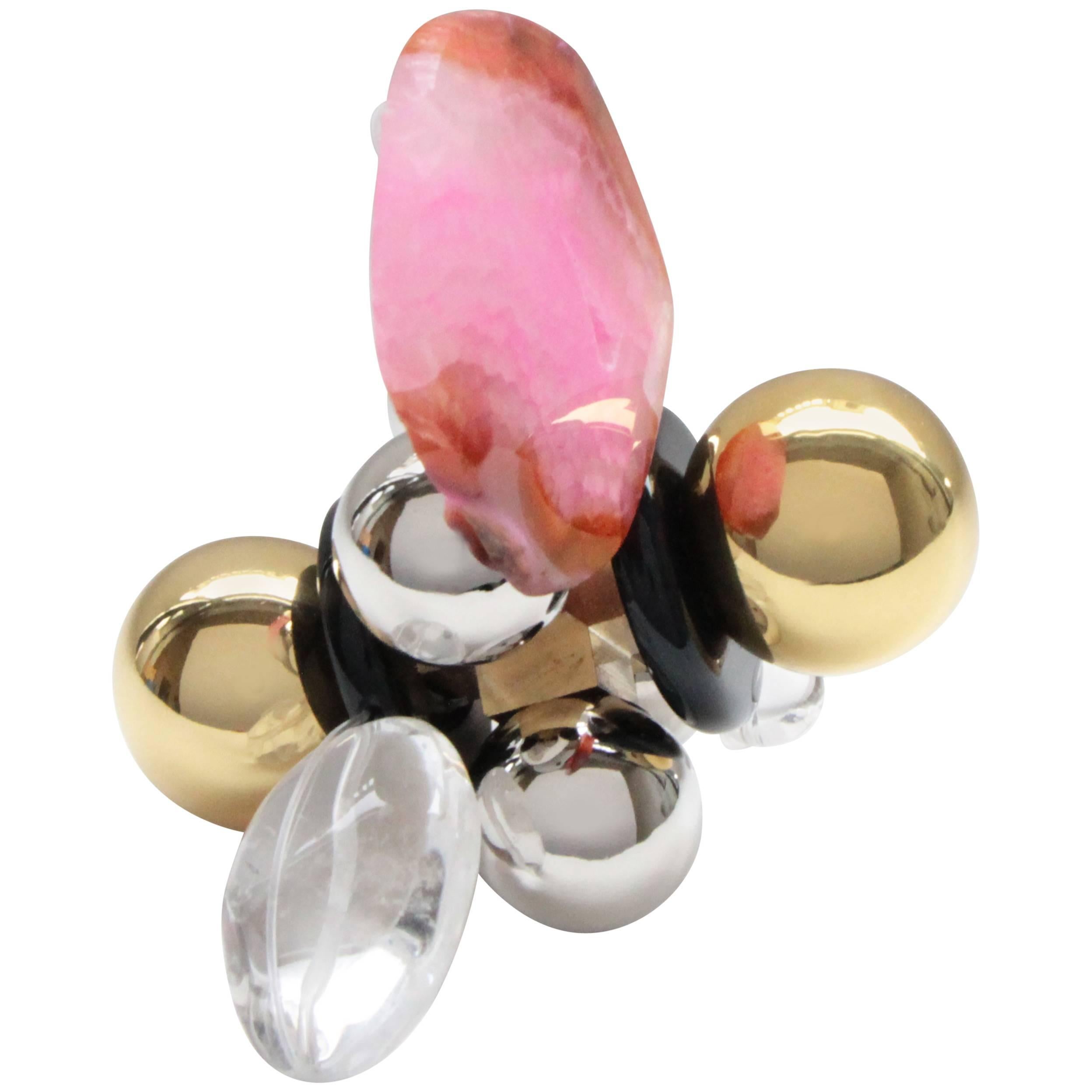 Quarza Contemporary Pink Quartz Brass and Nickel Paperweight Sculpture Object For Sale