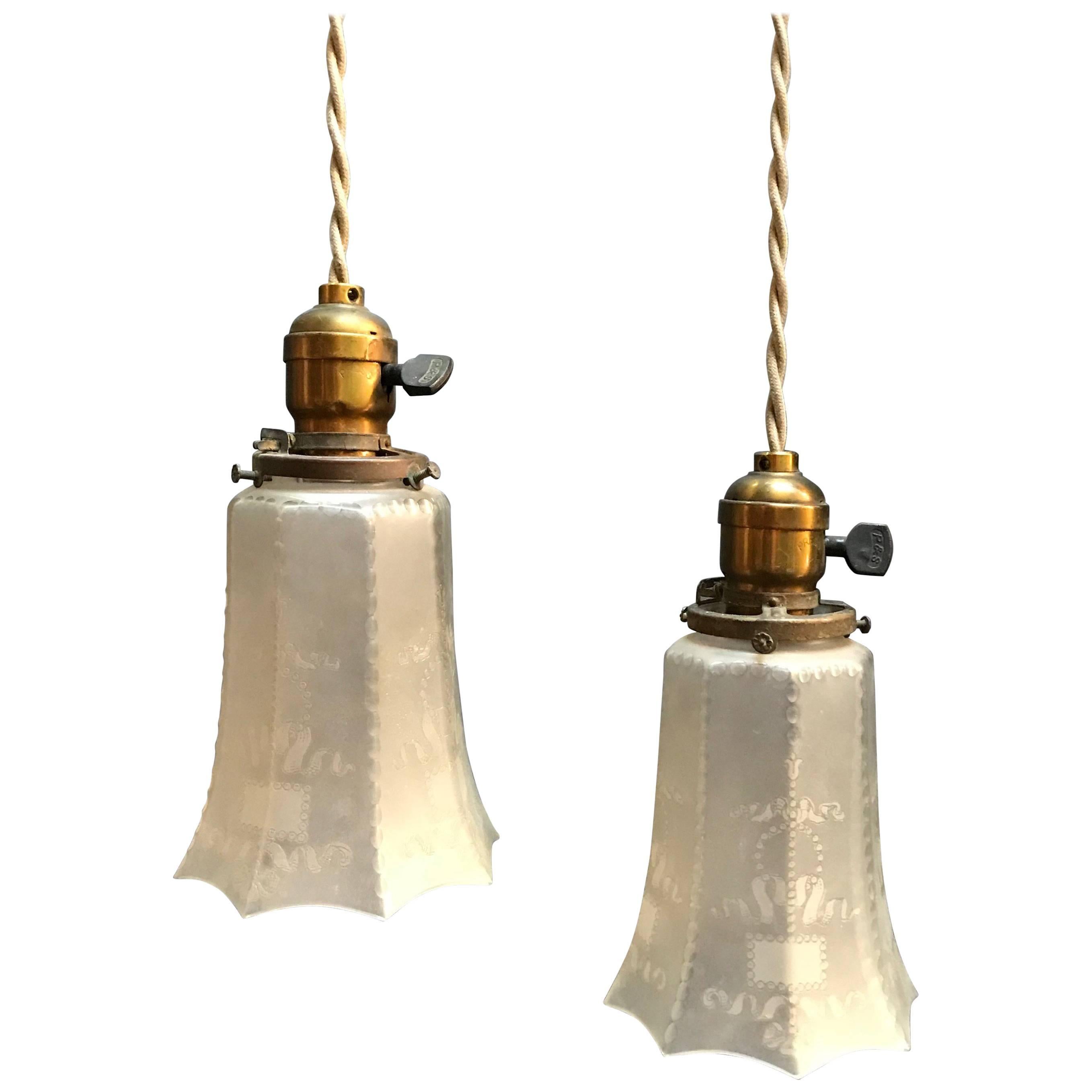 Pair of Industrial Faceted Frosted Glass Pendant Lights