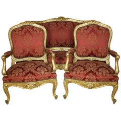 Antique Palatial 19th Century Louis XV Style Giltwood Carved Three-Piece Salon Suite