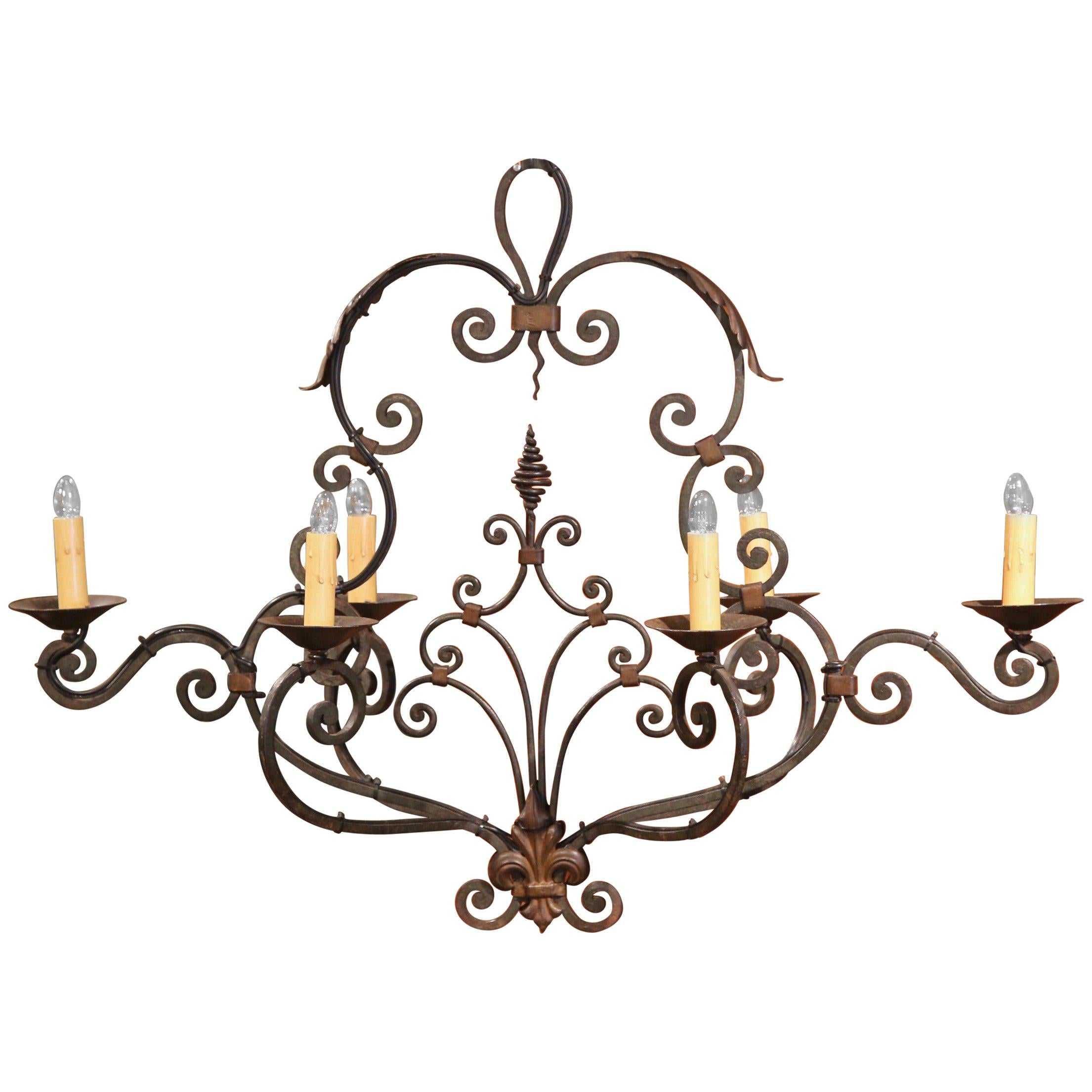 Early 20th Century French Painted Six-Light Iron Chandelier with Fleur-de-Lys