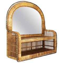 Unusual Wicker Shelf Mirror in the Emmanuelle Chair Manner Spain 1970s