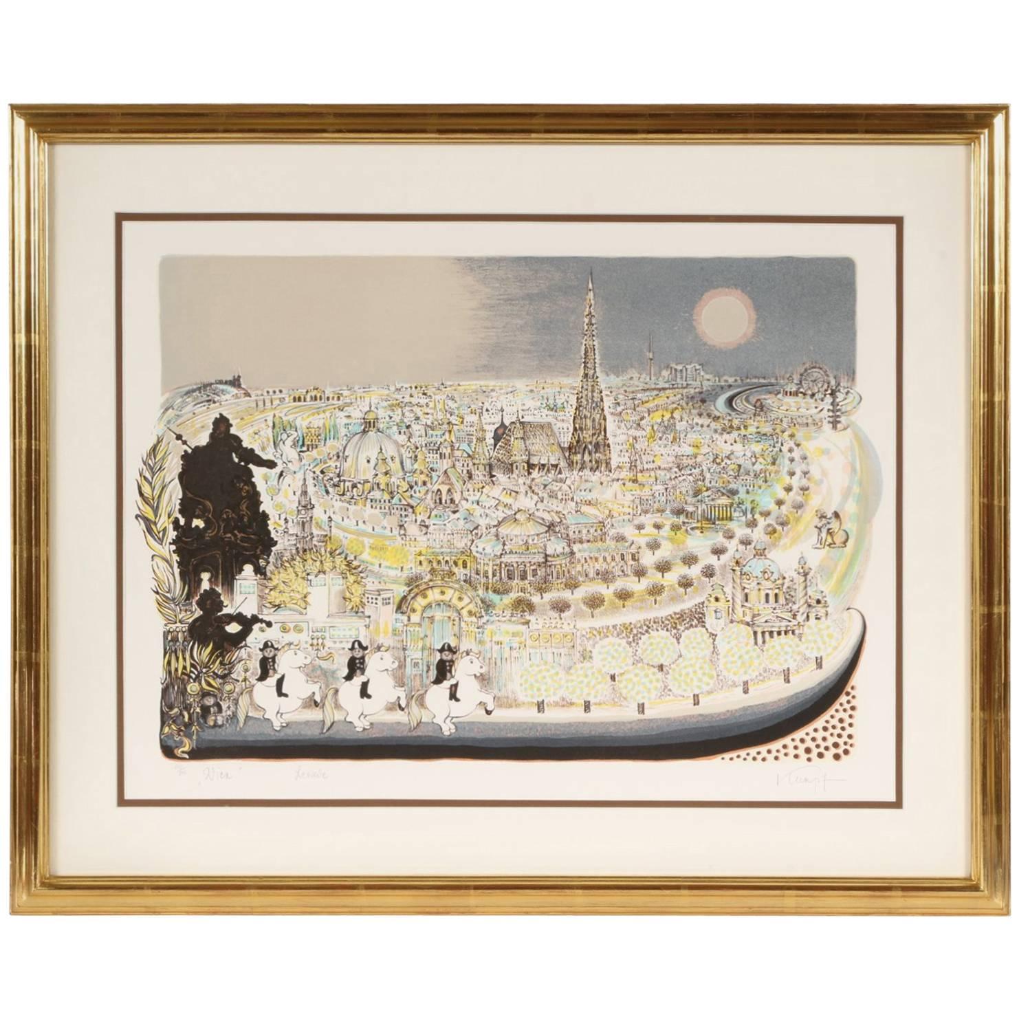 Artist Signed Modern Color Print with Lippezaner Horses and Riders in Vienna