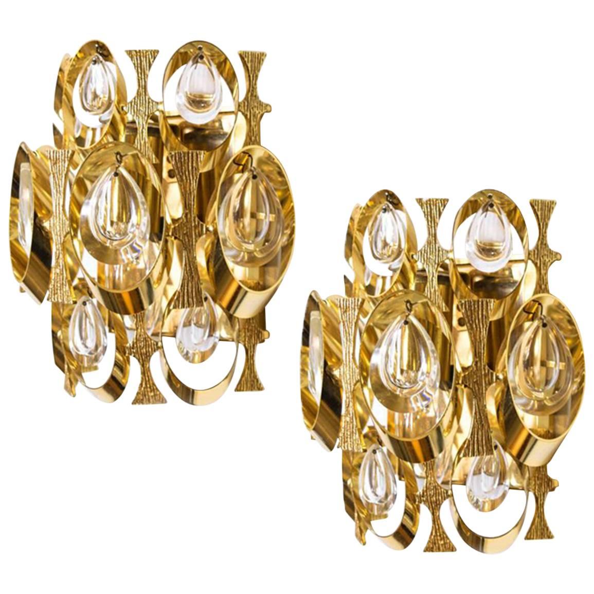 Pair of Crystal and Gold-Plated Sciolari Wall Sconces, Italy, 1960