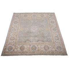 Blue-Green Square Oushak Area Rug with Beige Border