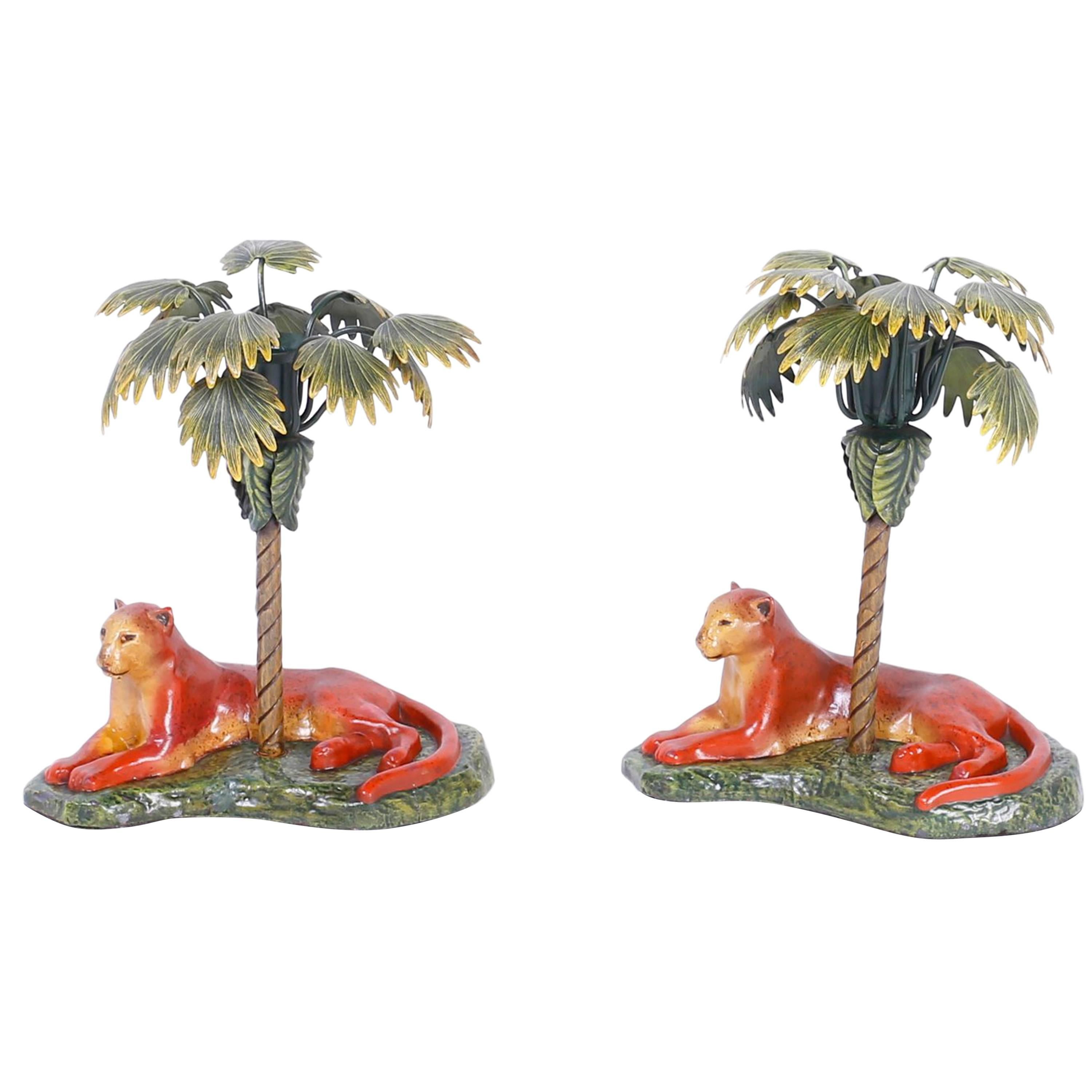 Pair of British Colonial Palm Tree and Big Cat Metal Candlesticks