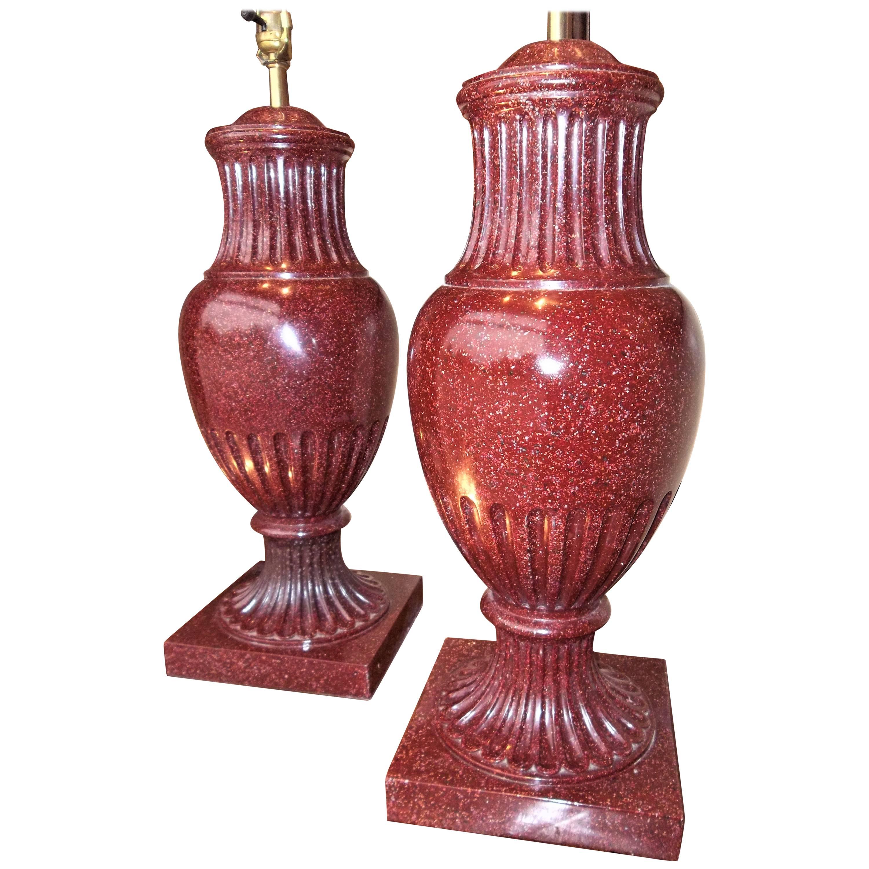 Large Pair of Swedish Oxblood Faux Porphyry Urns Mounted as Lamps