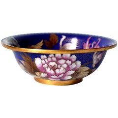 Vintage Cloisonne Bowl, Lapis with Marble Peony and Chrysanthemum