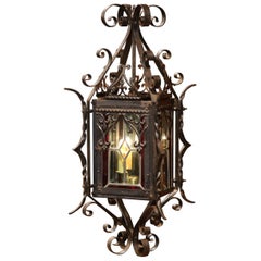 19th Century French Napoleon III Black Iron Lantern with Stained Glass Panels