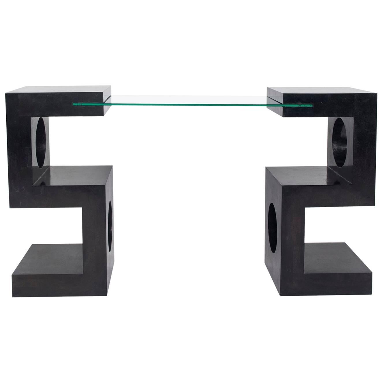 Mid-Century Tessellated Black Marble and Glass Console Table