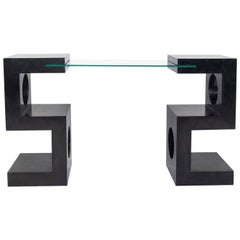 Mid-Century Tessellated Black Marble and Glass Console Table