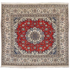 Square Wool and Silk Persian Naein Area Rug