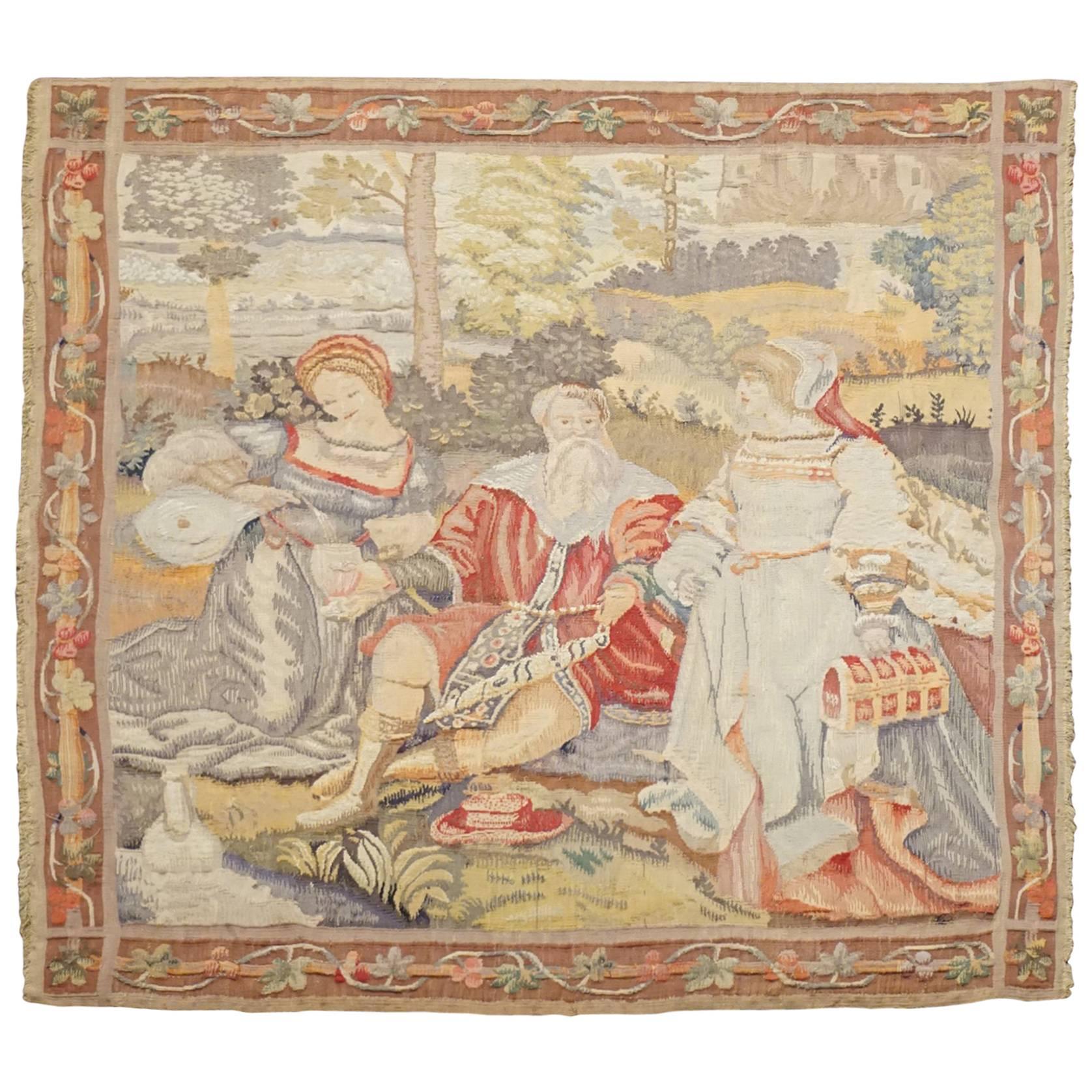 Antique French Tapestry, Petit Point Square Picnic Scene with Floral Border For Sale