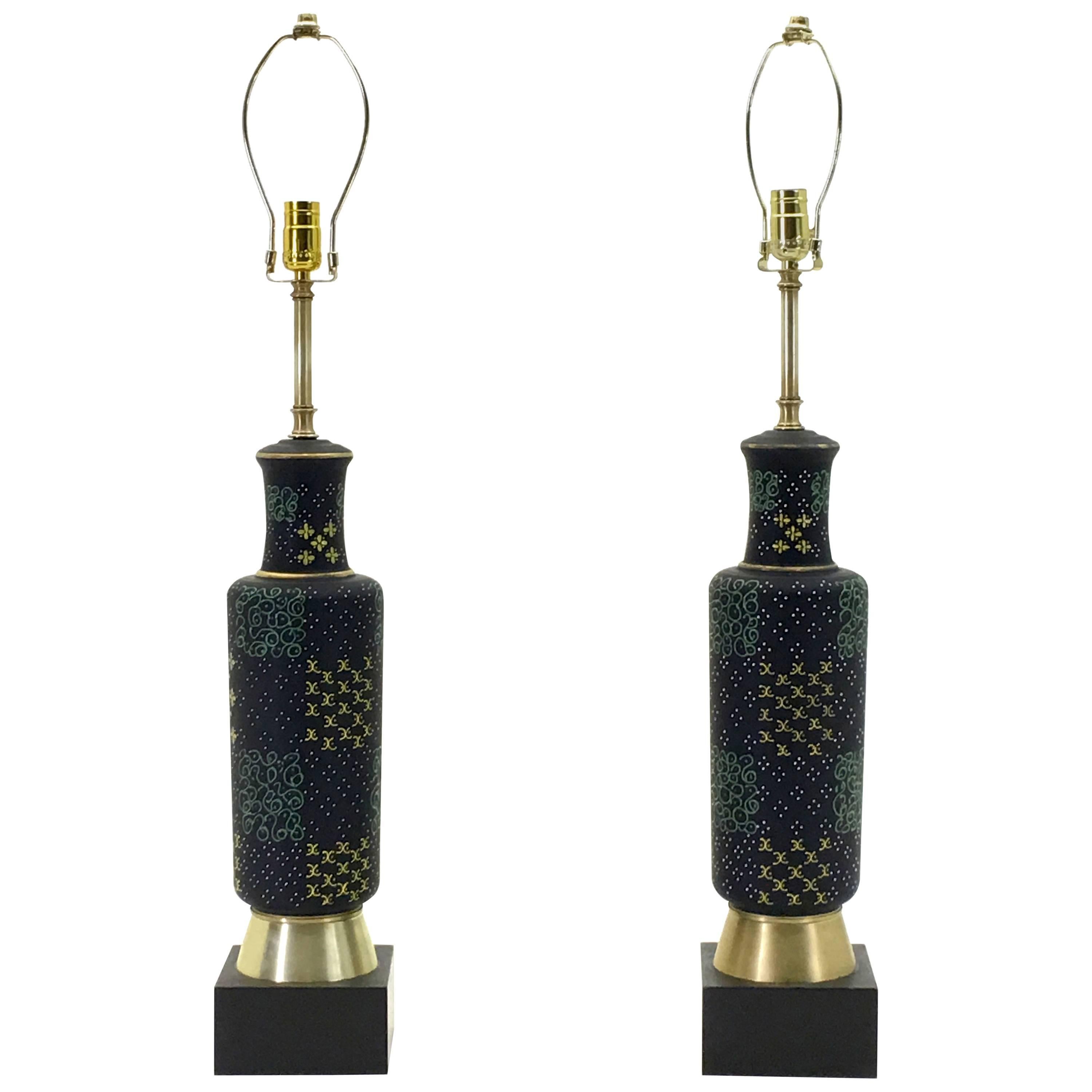Extraordinary Pair of Art Deco Enameled Glass Lamps