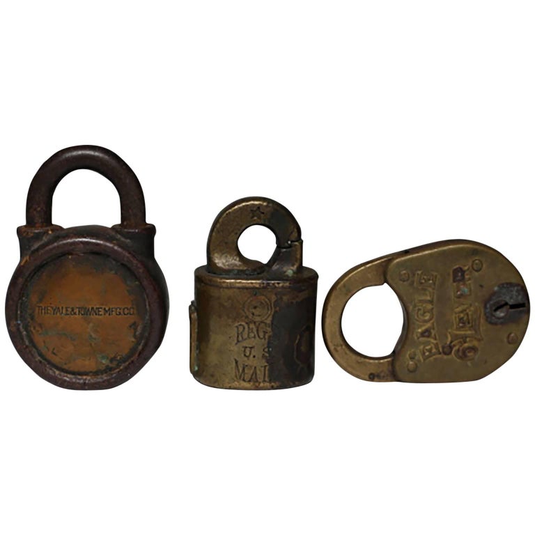 Vintage Bronze and Steel Padlocks, circa 19301940s, Set of Three For