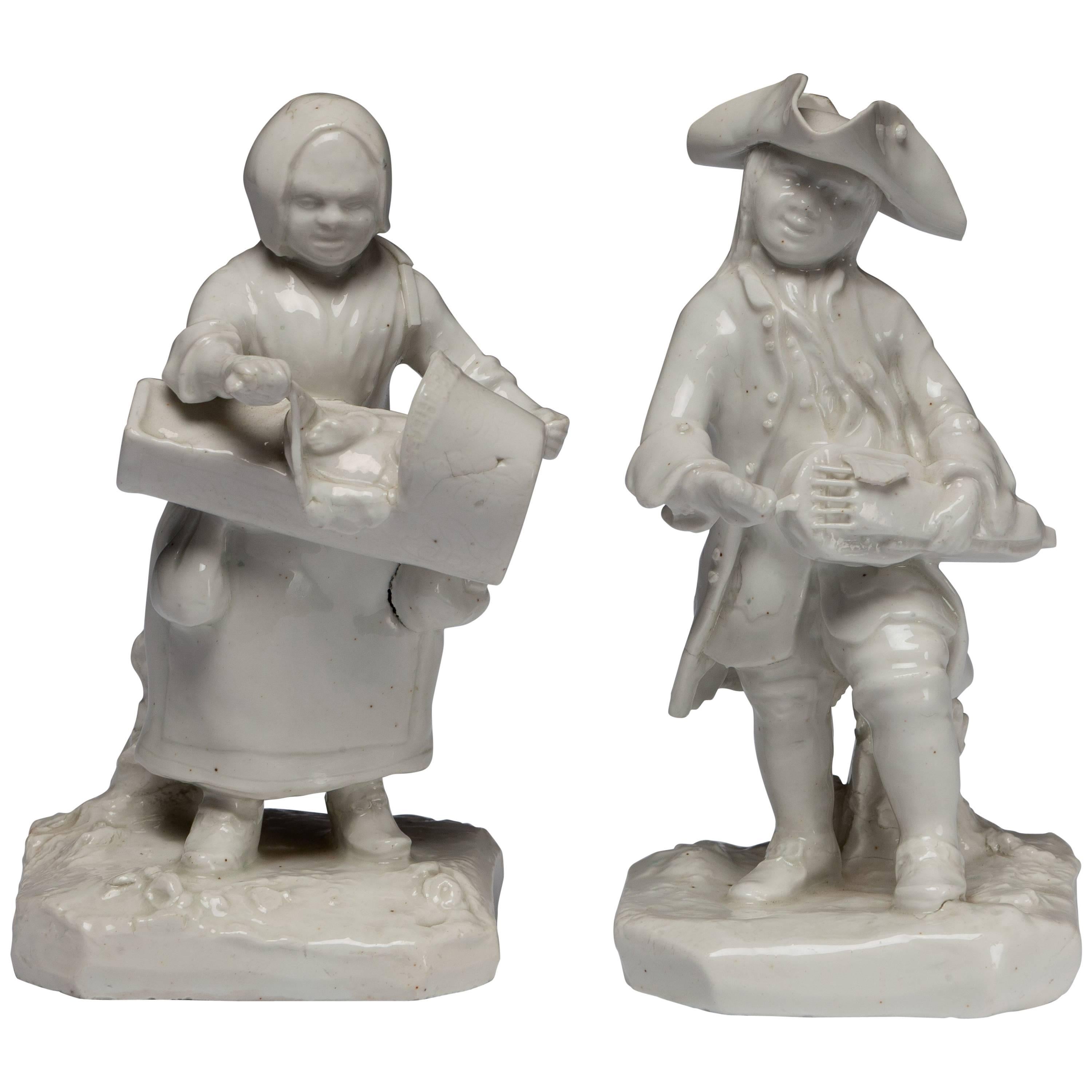 Pair of Itinerant Ballad Singer figures. Bow porcelain C1748 For Sale