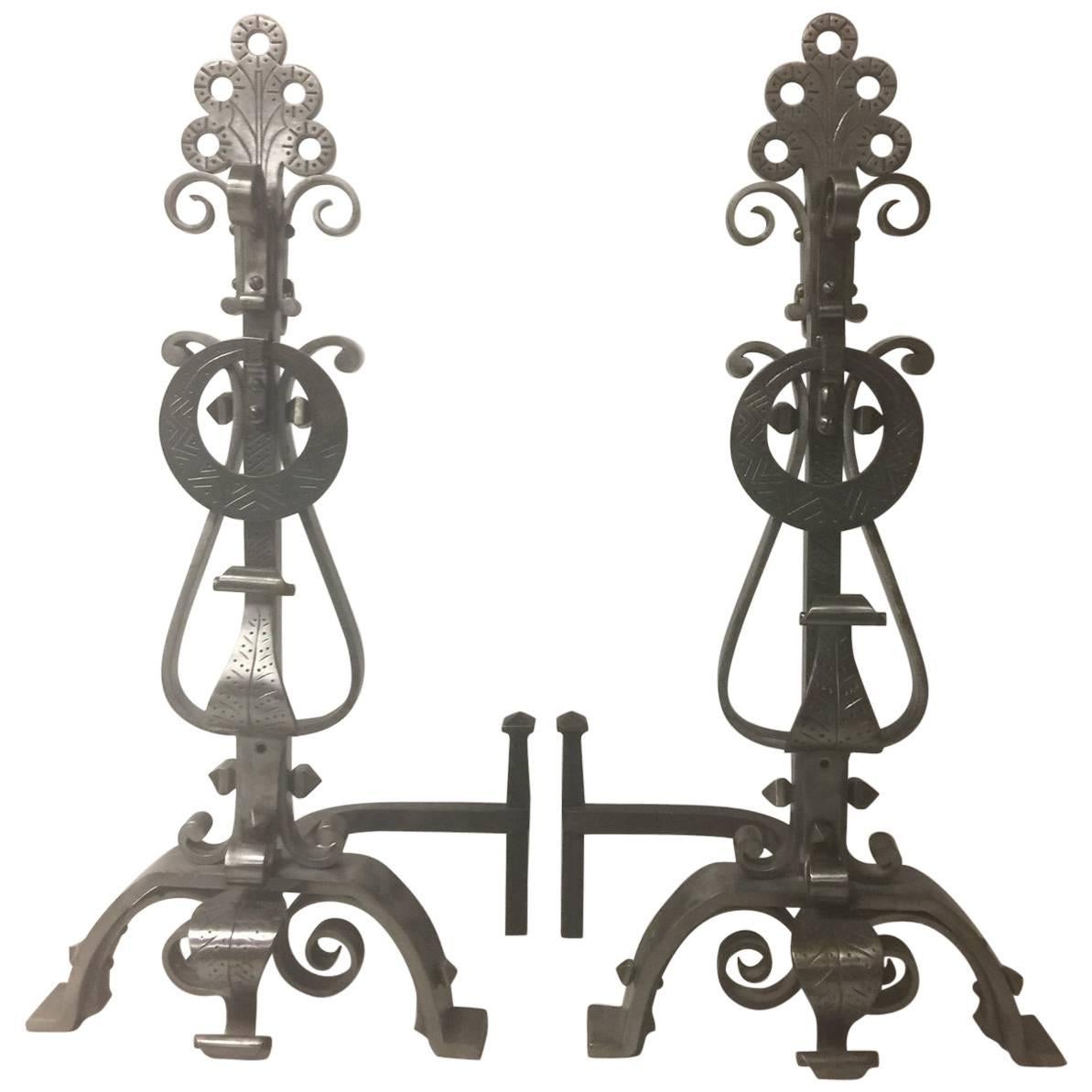 Gorgeous Pair of Scrolled Iron Andirons and Cross Bar