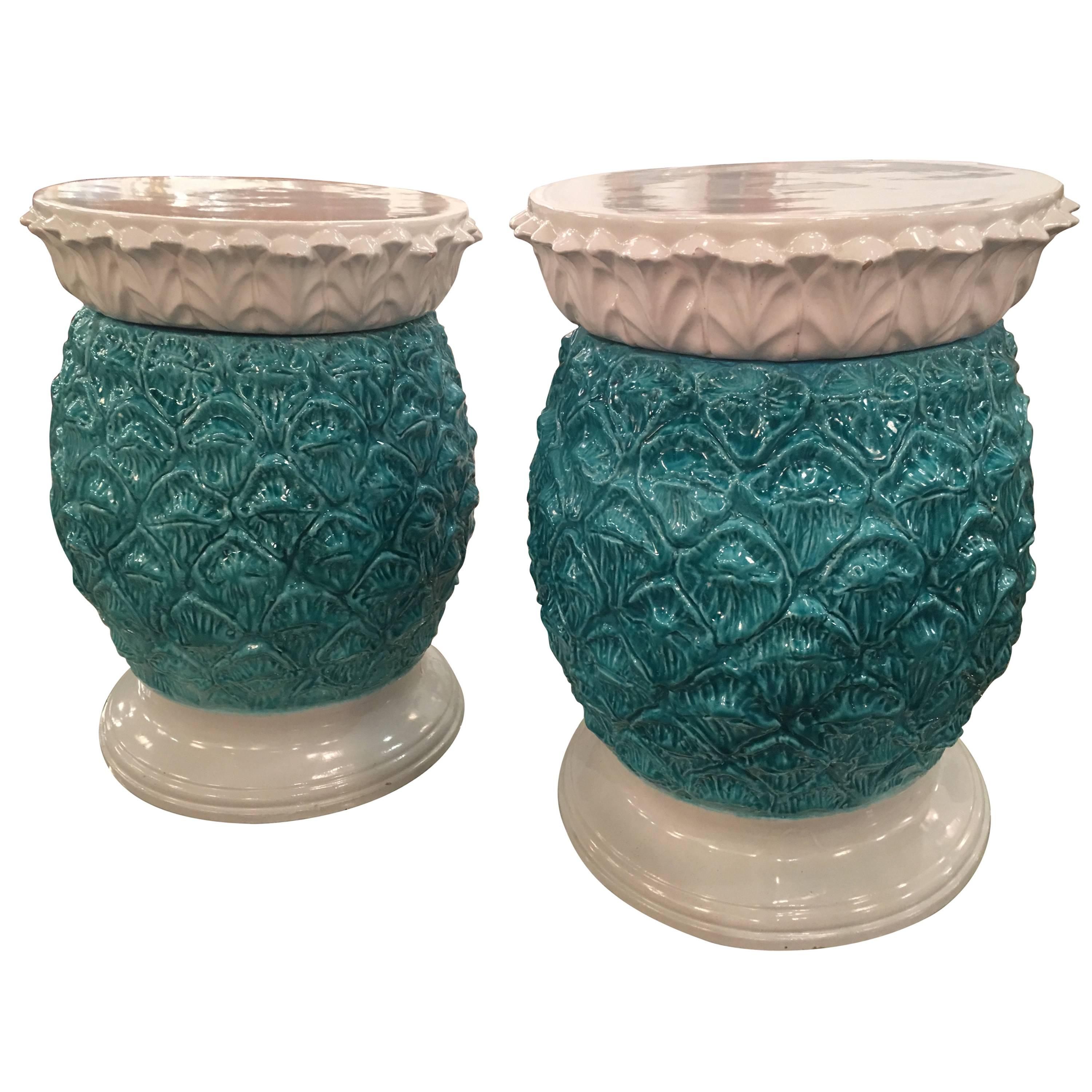 Glazed Terra Cora Pineapple Garden Stools Stands Italian Pair of End Side Tables