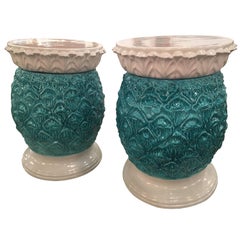 Vintage Glazed Terra Cora Pineapple Garden Stools Stands Italian Pair of End Side Tables