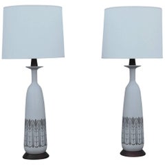 Vintage 1960s Modern Ceramic and Walnut Italian Table Lamps