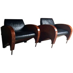 Pair of Art Deco Club Chairs Tub Lounge Walnut Black Leather, French, 1940s