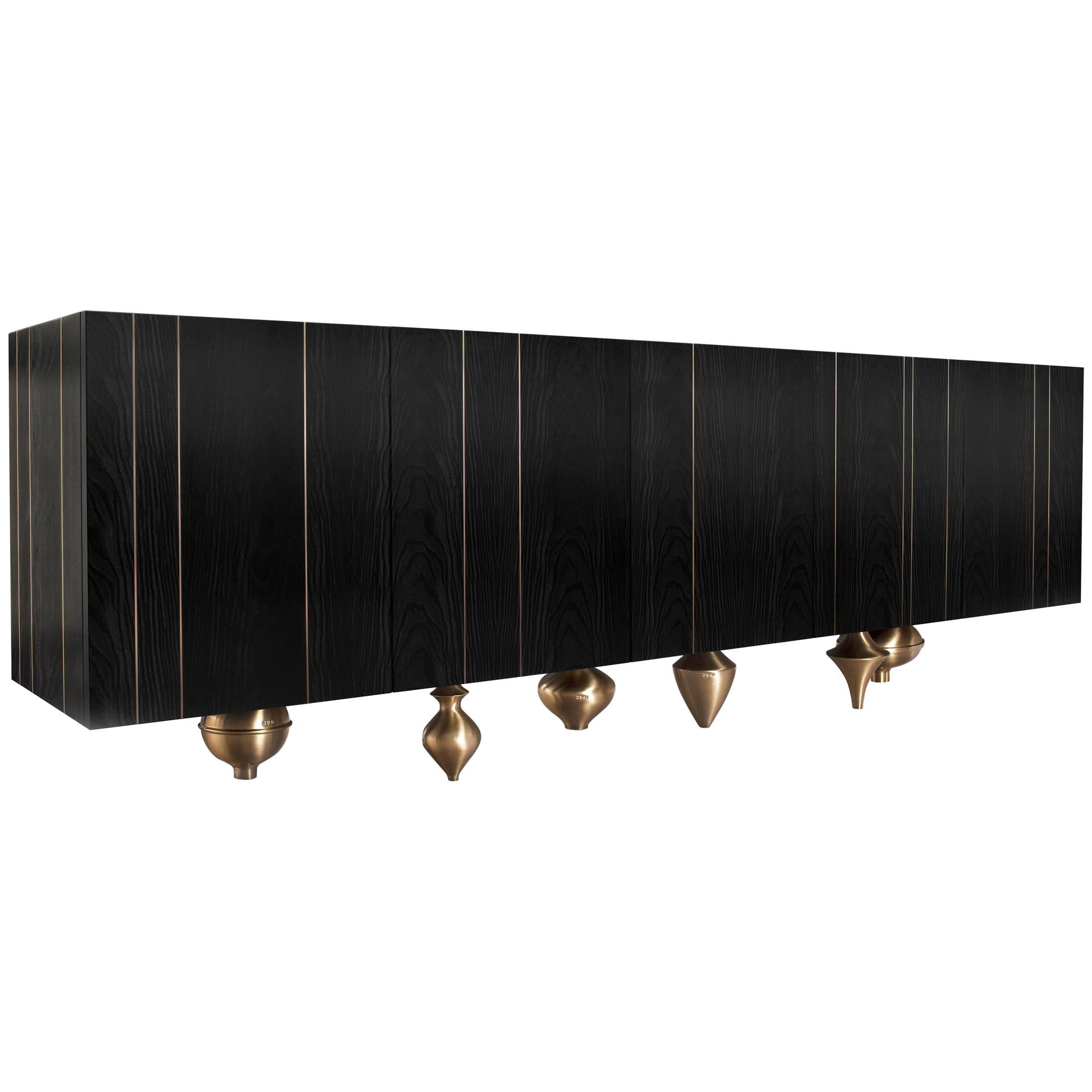 "Il Pezzo 1 Black Credenza" Modern Black Stained Ash Sideboard with Bronze Base