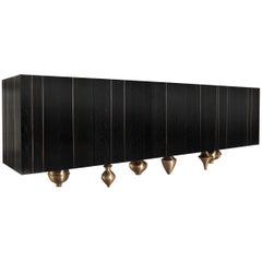 "Il Pezzo 1 Black Credenza" Modern Black Stained Ash Sideboard with Bronze Base