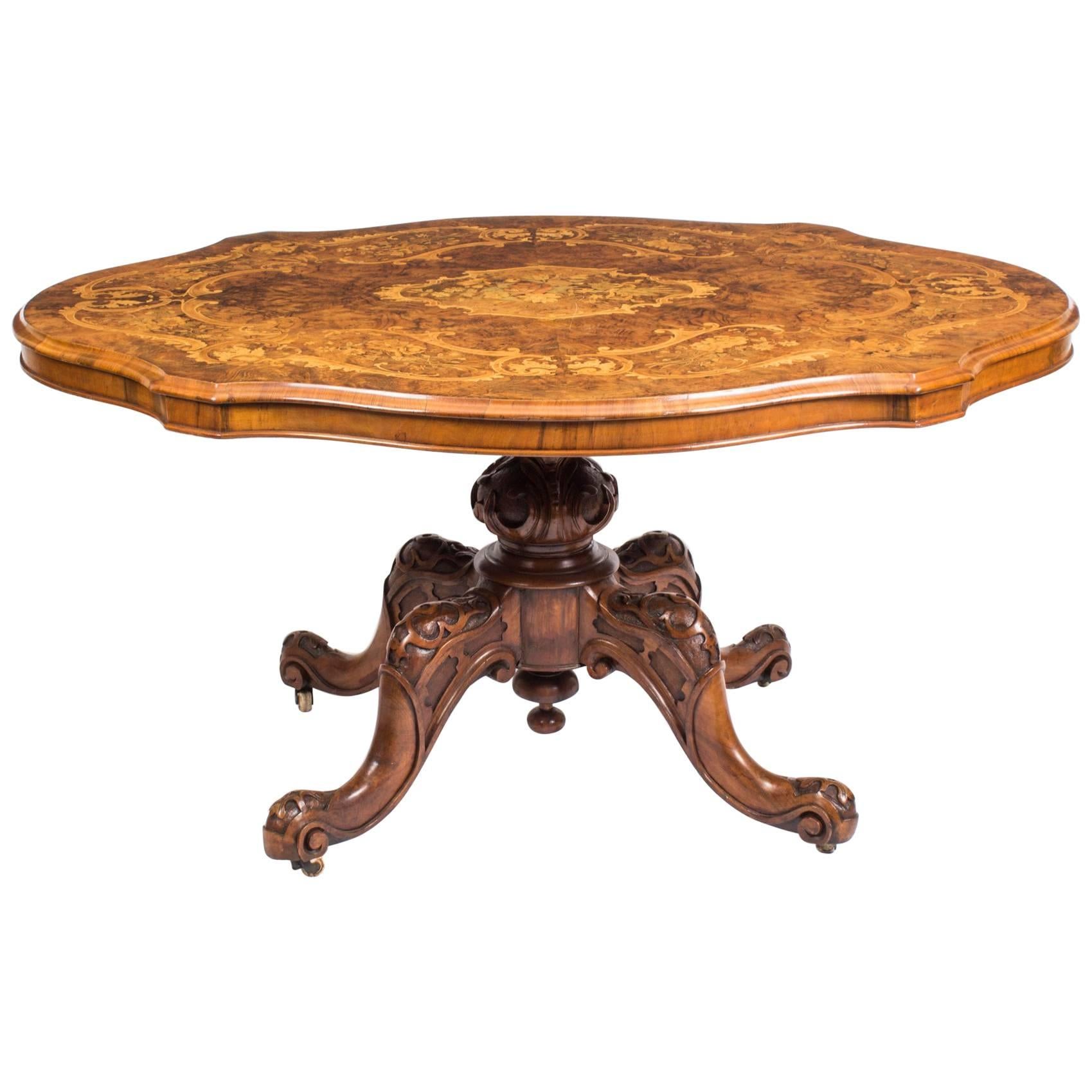 19th Century Burr Walnut and Marquetry Shaped Oval Loo Table