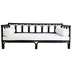 Vintage 1970s French Black Brown Bamboo Sofa Daybed with White Linen Cushions