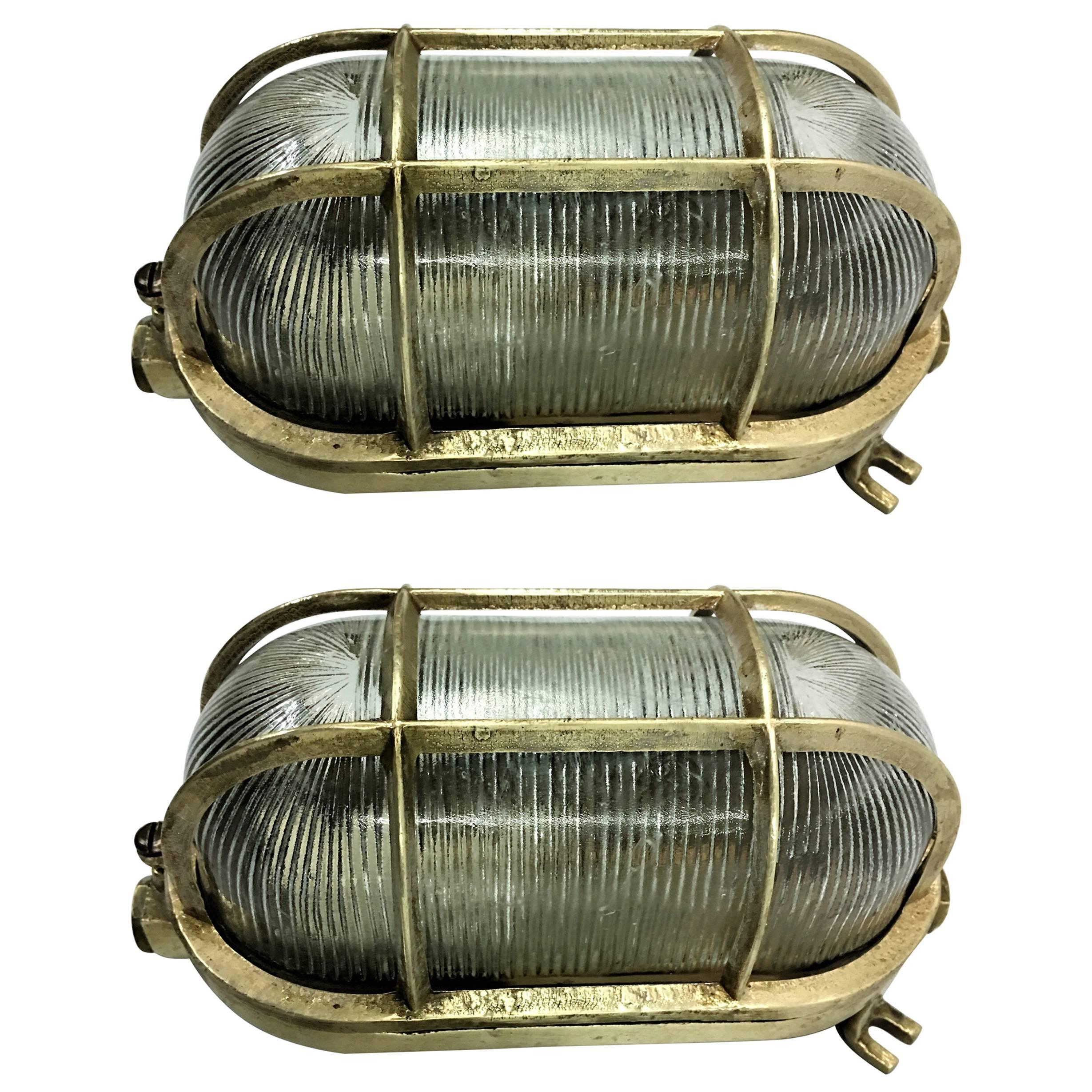 Pair of Swedish Mid-Century Modern Industrial Solid Brass Marine Sconces