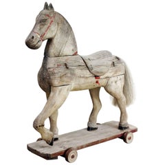 19th Century Painted Swedish Wooden Pull a Long Horse