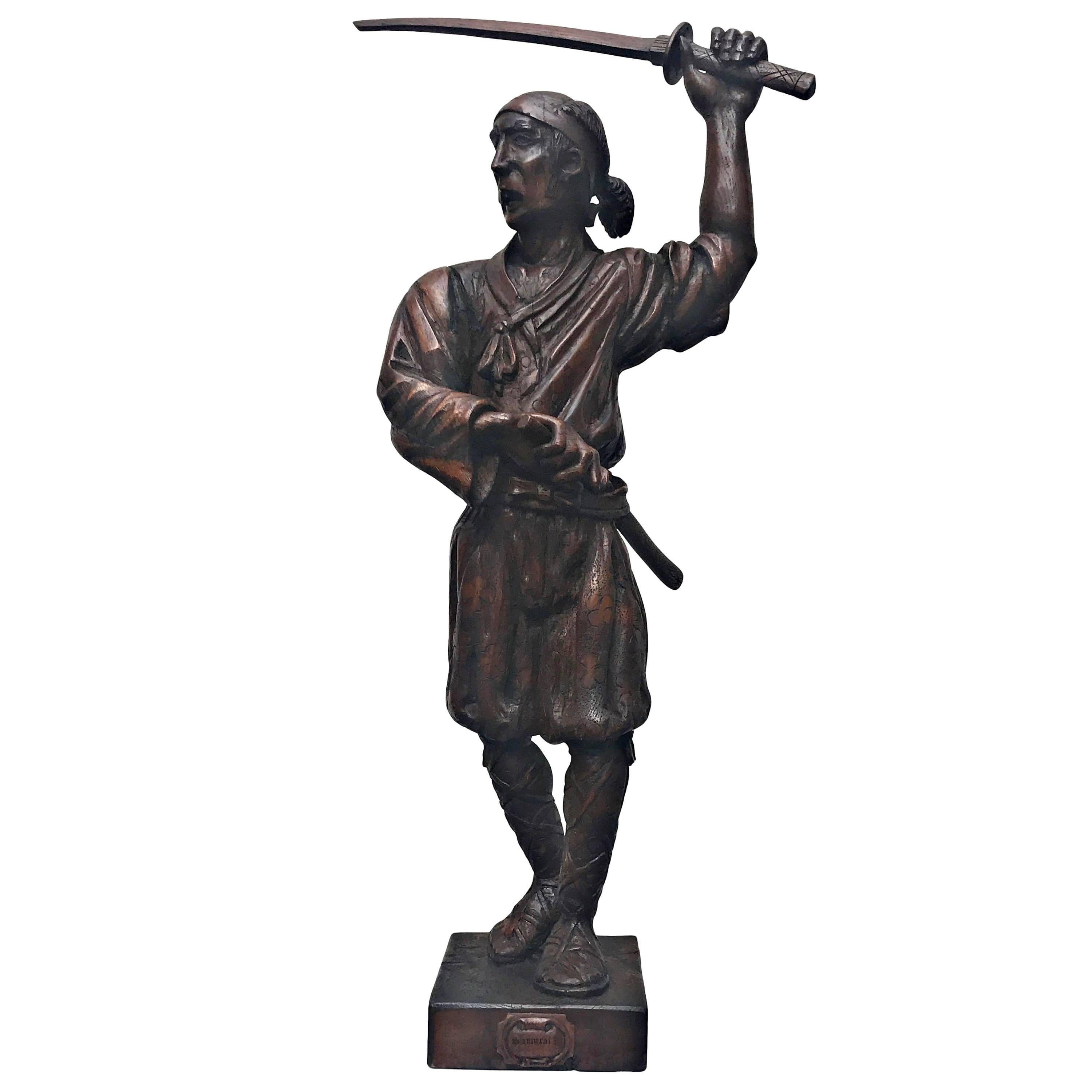Big Wooden Carved Sculpture of a Samurai, 19th Century, Probably French For Sale
