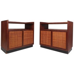Pair of Mid-Century Modern Nightstands with a Cane Front