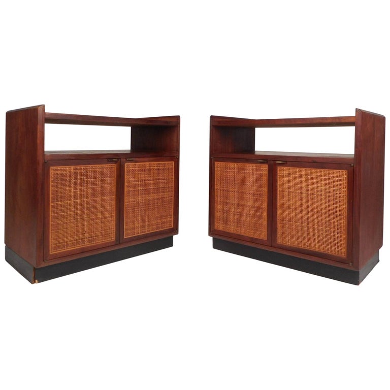 Pair of MidCentury Modern Nightstands with a Cane Front at 1stDibs