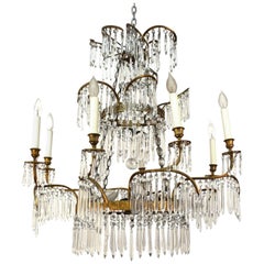 Antique 1920s Swedish Palm Leaf Chandelier with Crystal Drops