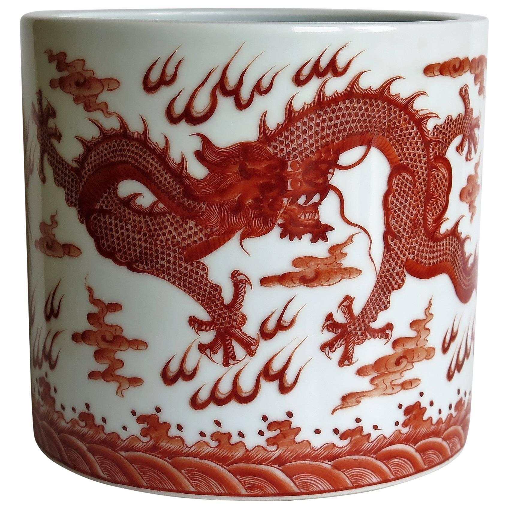 Chinese Porcelain Brush Pot Iron Red Dragons Finely hand painted , circa 1930