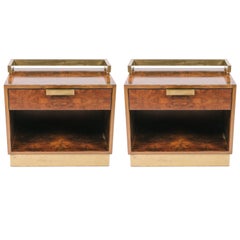 Pair of 1970s Dark Burled Wood and Brass Nightstands